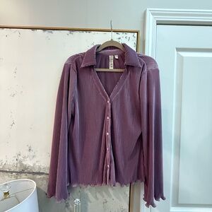 Anthro DOLAN Mauve Ribbed Button Down Lettuce Hem Top Size Medium